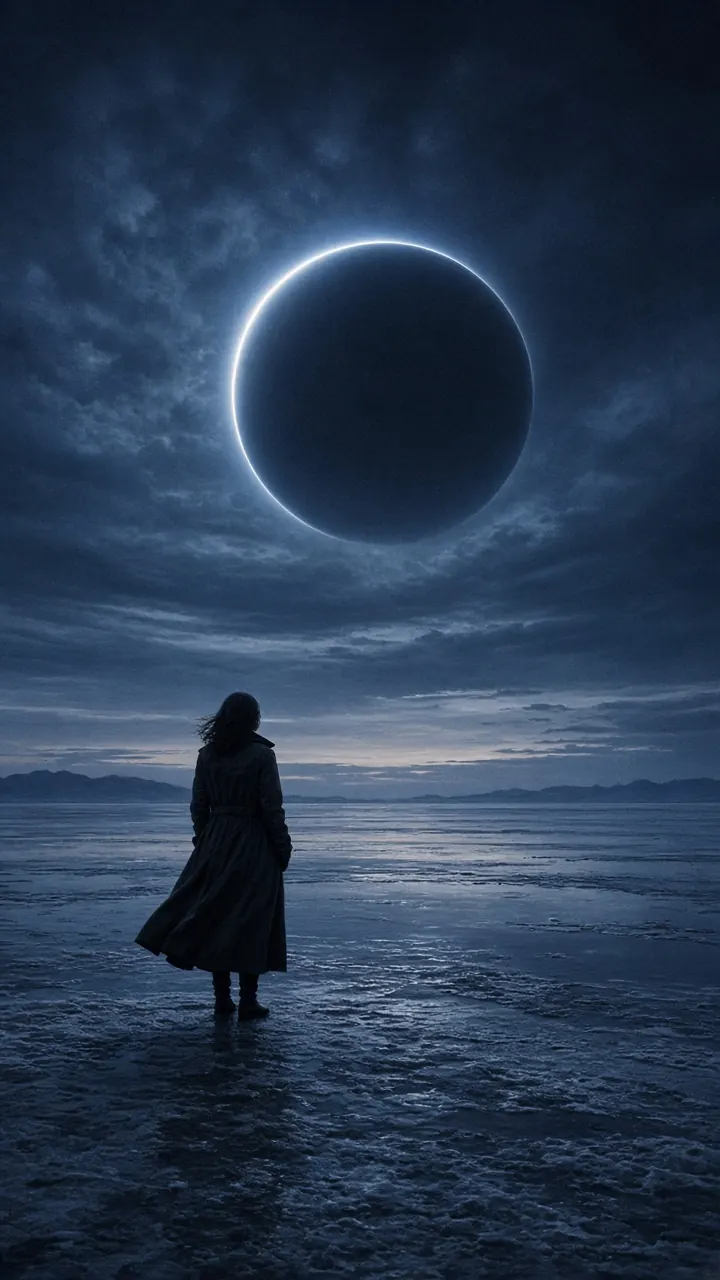 Dark Code Tales key art: a lone figure on a frozen shore under a black eclipse